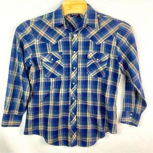 Vintage New Frontiers Big Yank Mens Plaid Western Pearl Snap‎ Shirt Size L FLAW